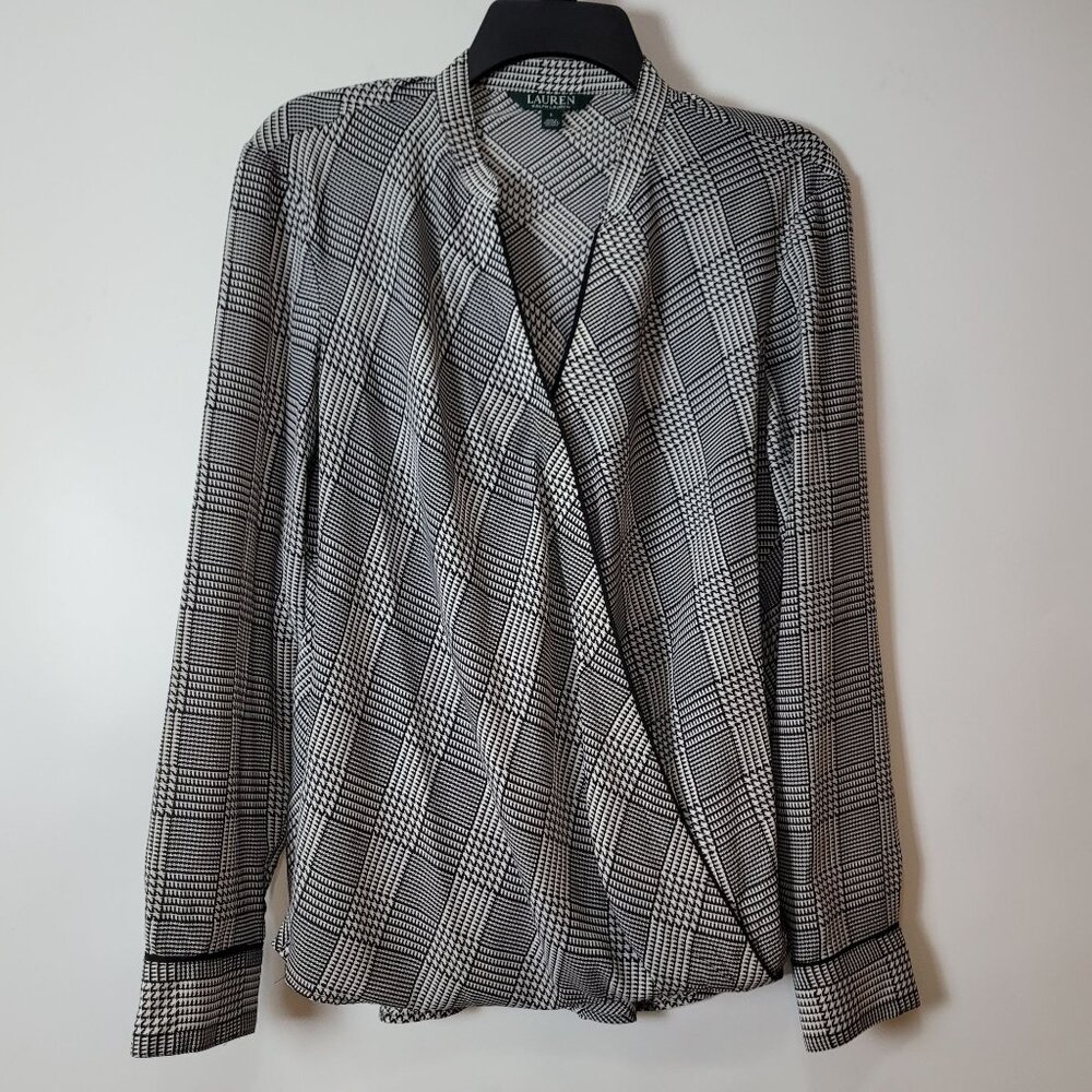 Lauren Ralph Lauren Womens Black & White Houndstooth Wrap Blouse Long Sleeve Siz
